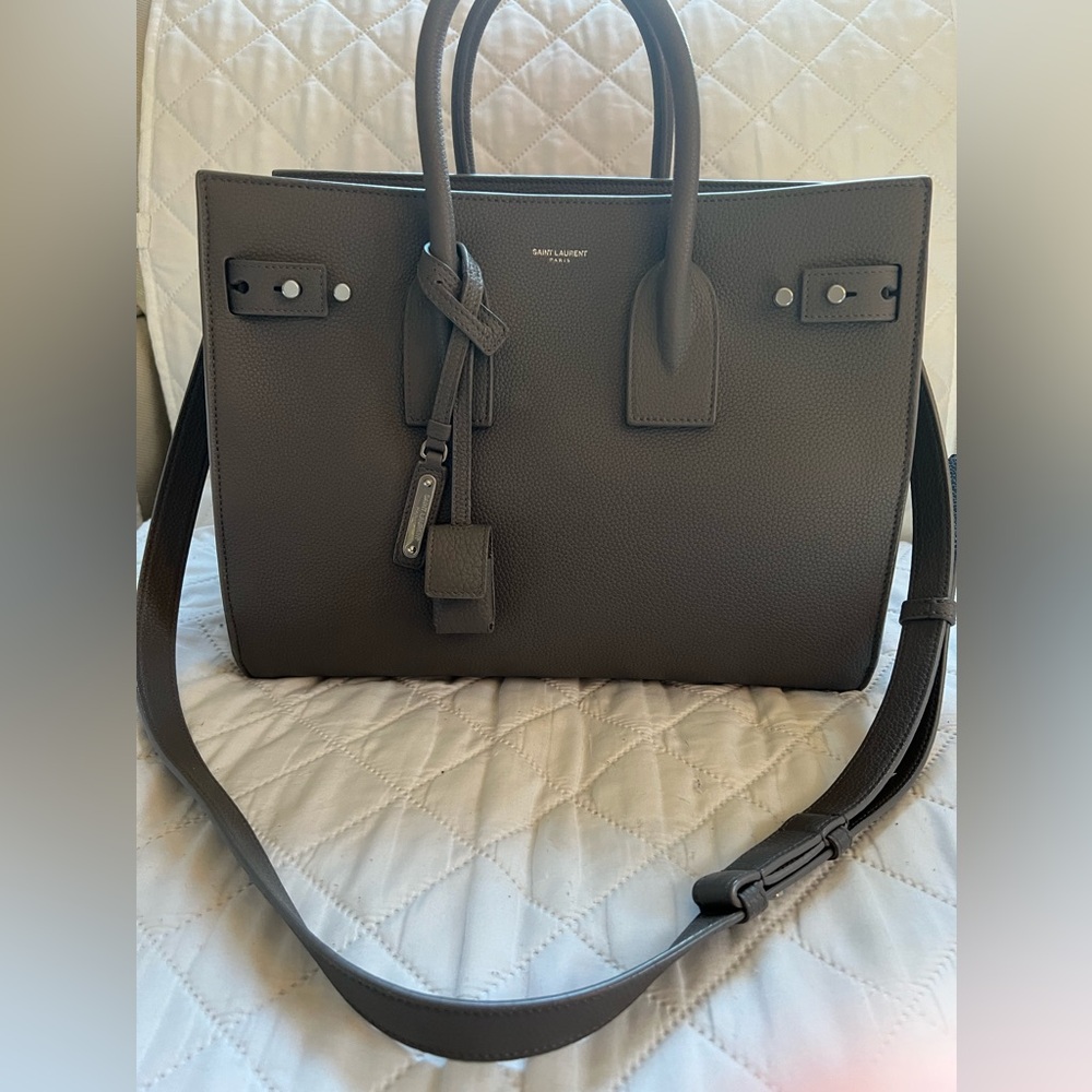 Saint Laurent Grained Calfskin Small Supple Sac de Jour in color “Fog”